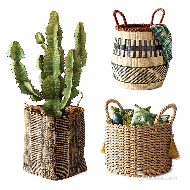 Woven Storage Baskets with Cactus Black and White Geometric Patterns Green Plaid Pillows and Tassels 3d model 