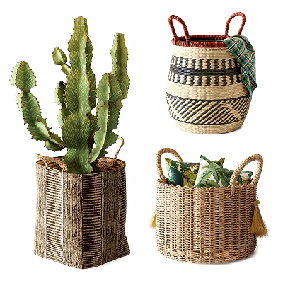 Woven Storage Baskets with Cactus Black and White Geometric Patterns Green Plaid Pillows and Tassels 3d model