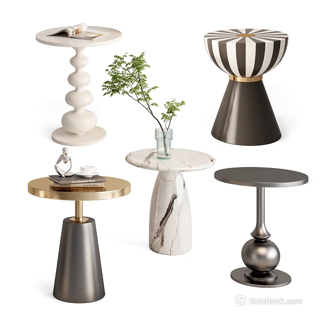 Modern Side Tables With Various Designs Marble Tops Metal Bases And Decorative Plants 3d model 