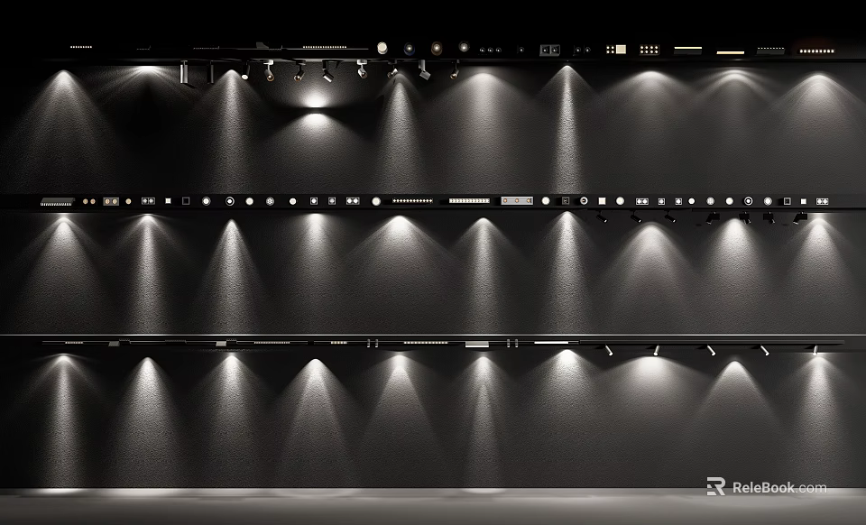 Modern Storefront With Stage Style Lighting Multiple Row Spotlights Black Background And Beam Effect 3d model 