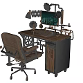 Steampunk Office Desk With Wooden Top Metal Frame Computer Monitor And Leather Chair