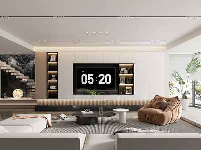 Modern Living Room Interior With Large TV Wall Built-in Shelves Sofa And Green Plants 3d model