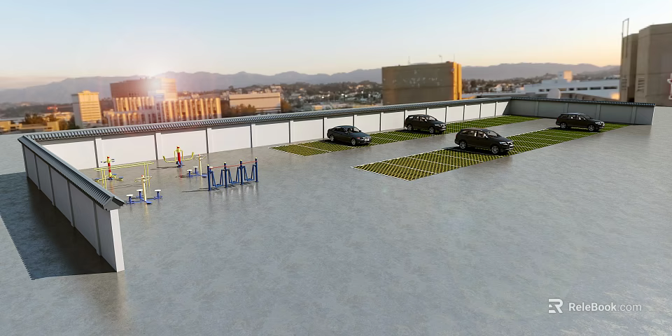 Rooftop Parking Lot with Black Cars Yellow Grid Spaces City Mountain View at Sunset 3d model 