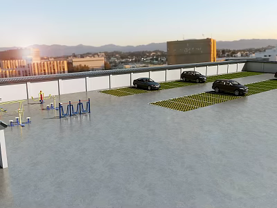 Rooftop Parking Lot with Black Cars Yellow Grid Spaces City Mountain View at Sunset 3d model