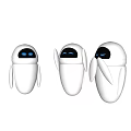 White Robots With Blue Eyes In Different Poses On Gray Background 3d model