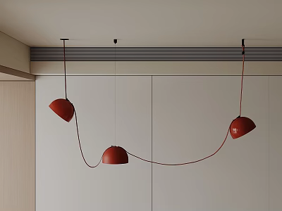 Three Red Curved Shaped Pendant Lights in Modern Interior Ceiling Design 3d model