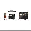 Various Mobile Food Carts And Street Vendor Stalls With Umbrellas And Displays