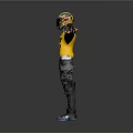 Motorcycle Rider Character In Yellow Helmet Vest Black Jacket And Gray Pants With Arms Outstretched