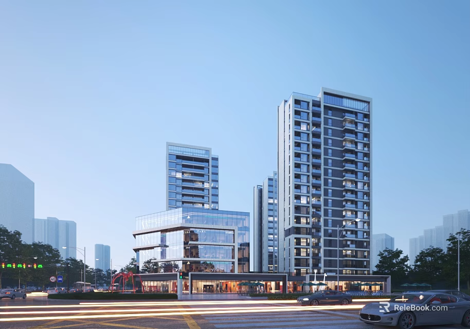 Modern Commercial Street Featuring High rise Buildings And Contemporary Urban Architectural Design 3d model 