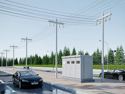 Urban Road Infrastructure Featuring Utility Poles Power Lines Street Lamps Control Cabinet And Trees 3d model