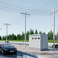 Urban Road Infrastructure Featuring Utility Poles Power Lines Street Lamps Control Cabinet And Trees
