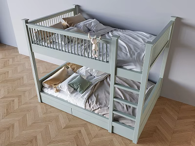 Light Green Bunk Bed With Ladder Bed Sheets Pillows On Herringbone Wooden Floor 3d model