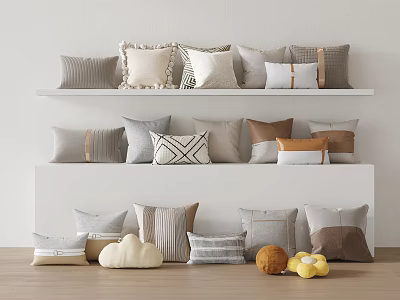 Various Decorative Pillows In Neutral Tones On White Shelf And Platform 3d model