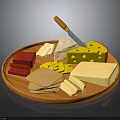 Wooden Cheese Platter With Various Cheeses Slices Blocks Holey Cheese And Knife