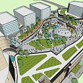 Modern Commercial Street Scene with Tall Glass Building Shops Vehicles Pedestrians and Urban Greenery