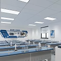 Science Laboratory With Blue Counter Tables Stools Blackboard Wall Posters Windows And Ceiling Lights 3d model