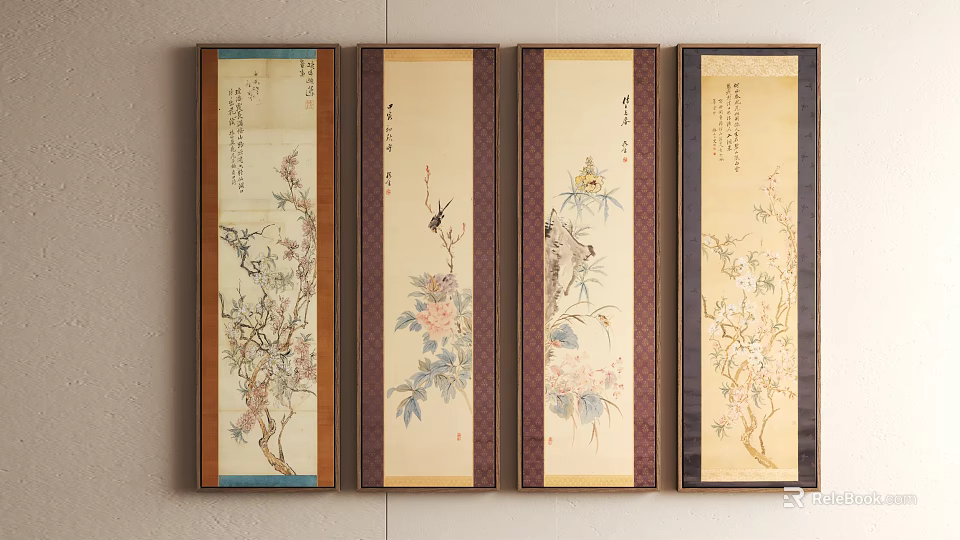 Traditional Chinese Botanical Paintings Four Panel Framed Plum Peony Bamboo Wall Art 3d model 