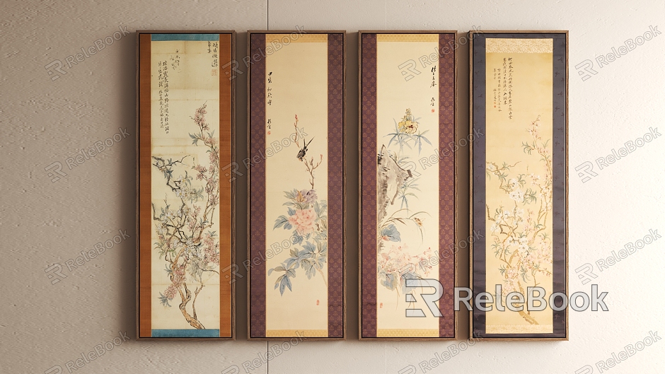 New Chinese Style Flower and Bird Decorative Painting Hanging Painting Quadruple Screen model