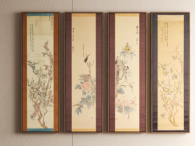 Traditional Chinese Botanical Paintings Four Panel Framed Plum Peony Bamboo Wall Art 3d model