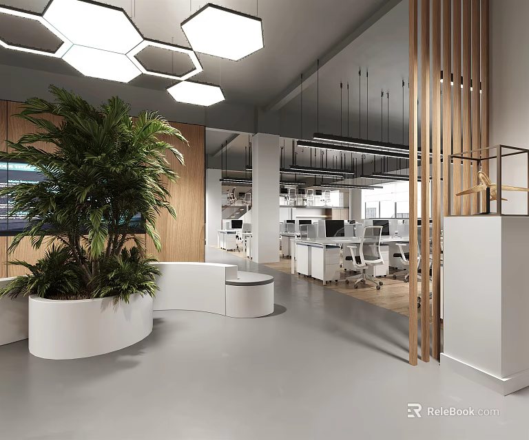 Modern Public Office Space Design With Open Layout Green Plants And Wooden Partitions 3d model 