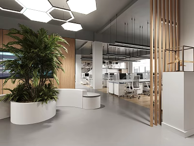 Modern Public Office Space Design With Open Layout Green Plants And Wooden Partitions 3d model