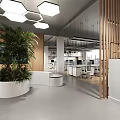 Modern Public Office Space Design With Open Layout Green Plants And Wooden Partitions