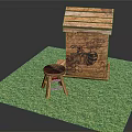 Wooden Beehive And Small Stool On Green Grass Ground Scene