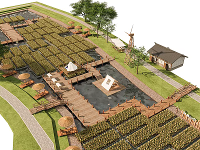 Rural Landscape With Rice Fields Wooden Walkways Thatched Pavilions Windmill Cottages Ponds And Green Trees 3d model