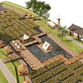 Rural Landscape With Rice Fields Wooden Walkways Thatched Pavilions Windmill Cottages Ponds And Green Trees