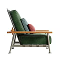 Green Upholstered Single Sofa with Wooden Armrests Red Blue Cushions and Metal Legs