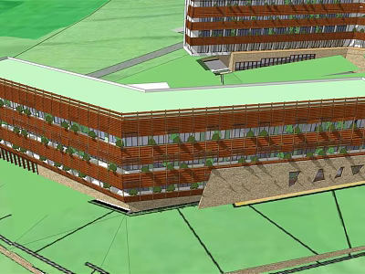 Modern Multi storey Hotel Building With Green Roof And Brown Exterior 3d model