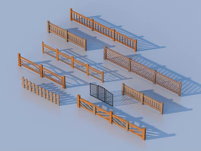 Different Styles of Wooden Garden Fences and Railings With Black Metal Gate 3d model