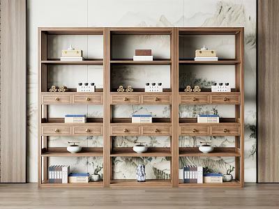 Natural Wooden Shelving Unit with Multiple Compartments Drawers and Decorative Items on Landscape Wall Background 3d model