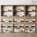 Natural Wooden Shelving Unit with Multiple Compartments Drawers and Decorative Items on Landscape Wall Background