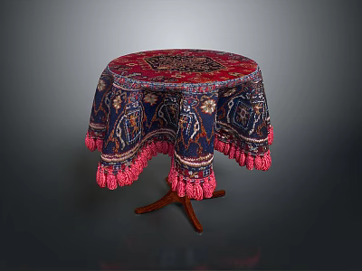 Round Dining Table With Red Blue Patterned Tablecloth And Pink Fringed Edges Wooden Legs 3d model