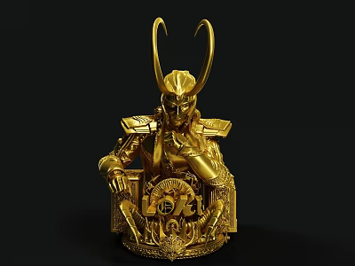 Golden Mythical Horned Figure Sculpture With Intricate Armor And Decorative Base 3d model
