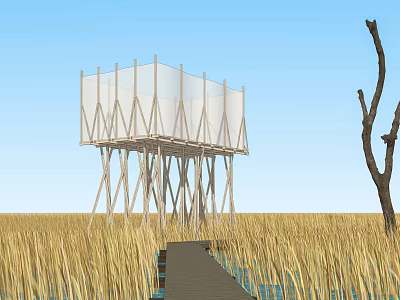 Scenic View of Wooden Structure Over Water with Reeds and Dead Tree Under Blue Sky 3d model