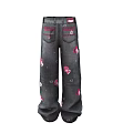 Gray Jeans With Pink Flowers And Dot Patterns Cute Casual Style For Daily Wear