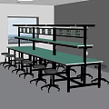 Functional Modern Workspace With Green Countertop Metal Frame Shelves And Stools