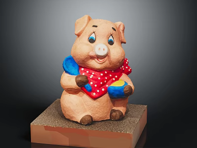 Cute Brown Pig Sculpture Wearing Red Polka Dot Scarf Holding Blue Bowl On Base 3d model