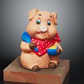 Cute Brown Pig Sculpture Wearing Red Polka Dot Scarf Holding Blue Bowl On Base