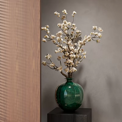 Elegant Green Vase With White Flowers In Modern Interior With Wooden Texture 3d model