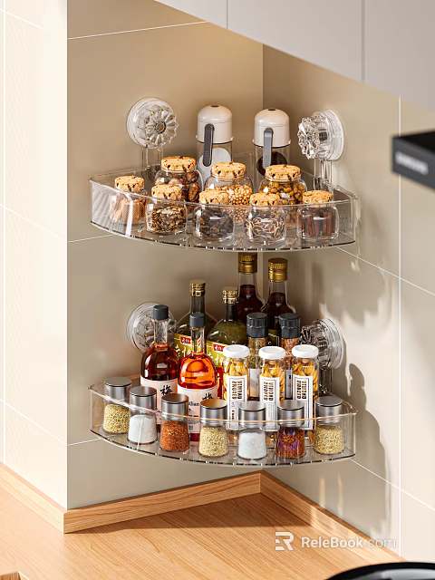 Transparent Corner Shelf In Modern Kitchen Holding Various Spice And Seasoning Bottles 3d model 