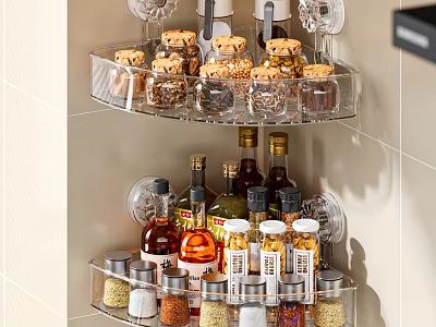 Transparent Corner Shelf In Modern Kitchen Holding Various Spice And Seasoning Bottles 3d model