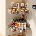 Transparent Corner Shelf In Modern Kitchen Holding Various Spice And Seasoning Bottles