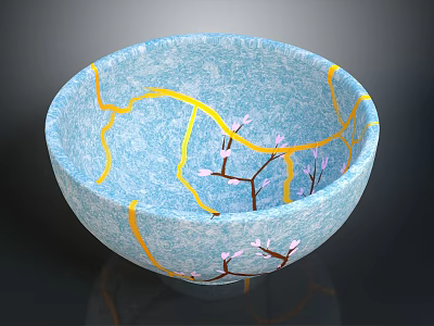Blue Handcrafted Ceramic Bowl With Yellow Crackle Lines And Pink Cherry Blossom Branches 3d model