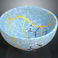 Blue Handcrafted Ceramic Bowl With Yellow Crackle Lines And Pink Cherry Blossom Branches