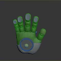 Green Mechanical Hand Shaped Household Item With Jointed Fingers And Yellow Ball In Palm