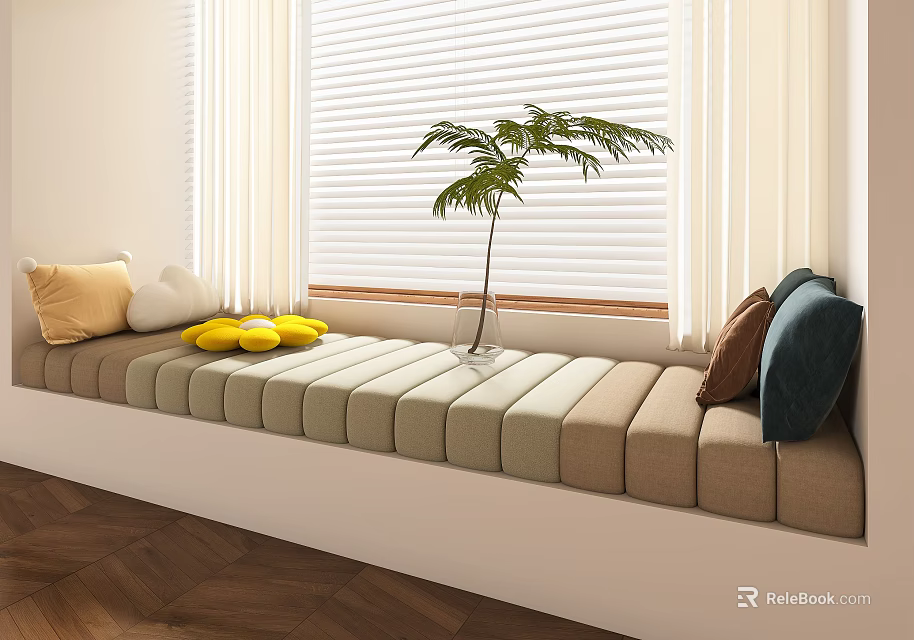 Cozy Window Seat With Colored Cushions Pillows And Potted Plant 3d model 