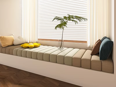 Cozy Window Seat With Colored Cushions Pillows And Potted Plant 3d model